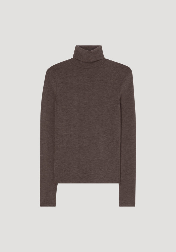 Fine merino turtleneck in brown melange, long-sleeved and fitted, crafted from 100% wool, displayed flat to highlight its classic design and versatile styling.