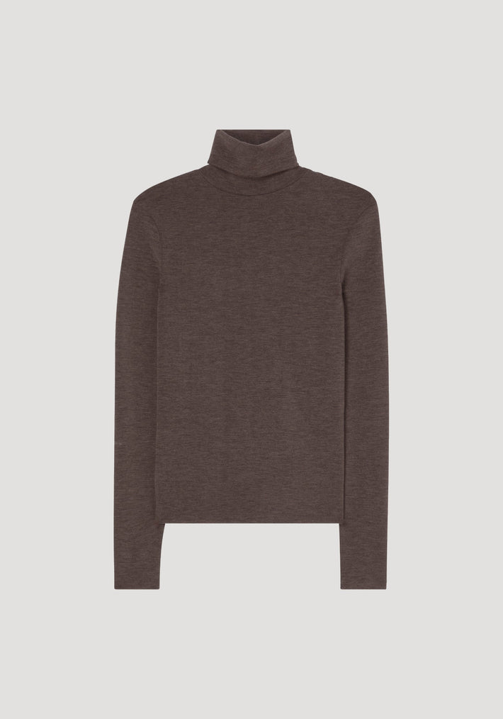 Fine merino turtleneck in brown melange, long-sleeved and fitted, crafted from 100% wool, displayed flat to highlight its classic design and versatile styling.