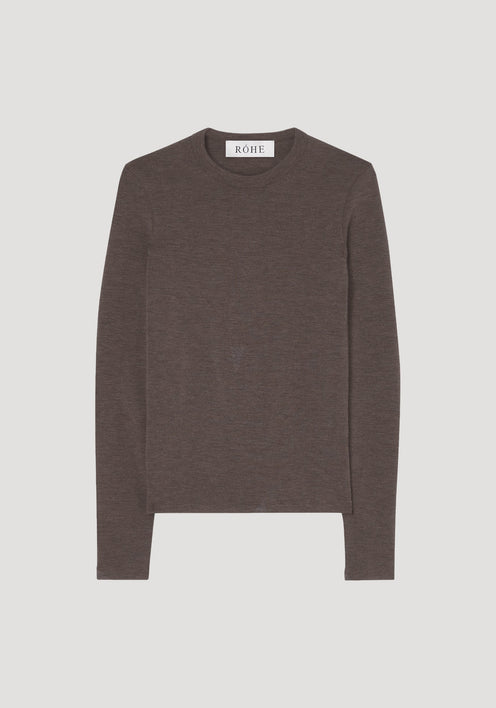 Fine merino long sleeve | brown melange: A slim-fit, long-sleeve crewneck top in charcoal-taupe knit, featuring RÓHE branding. Made from 100% merino wool, perfect for layering.