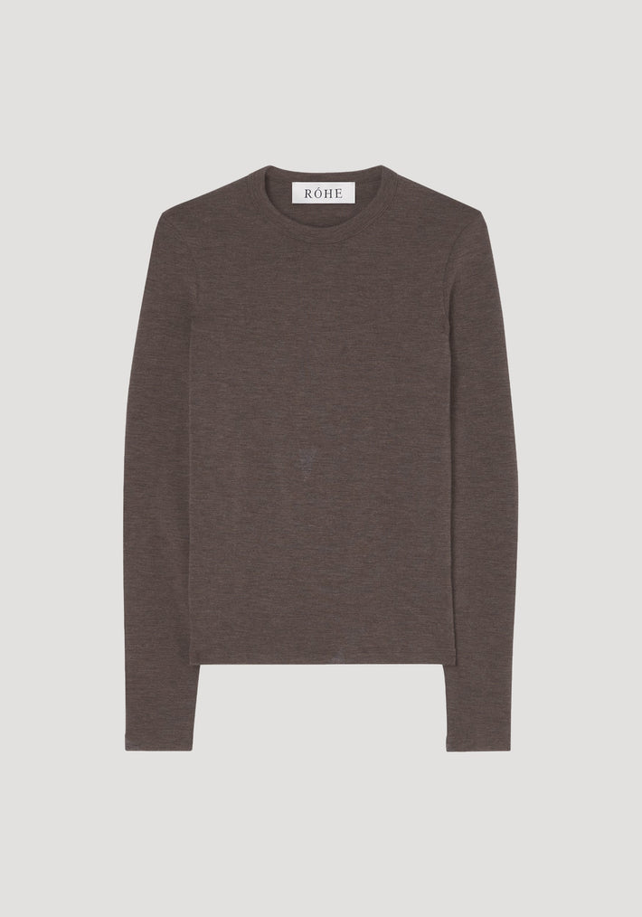Fine merino long sleeve | brown melange: A slim-fit, long-sleeve crewneck top in charcoal-taupe knit, featuring RÓHE branding. Made from 100% merino wool, perfect for layering.