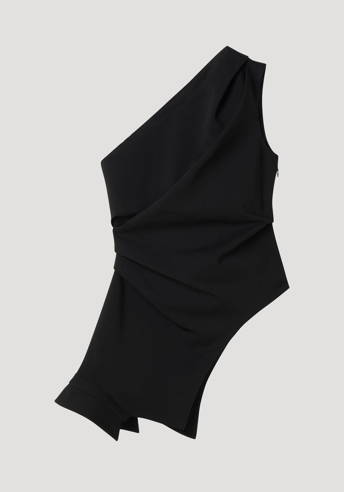 Reimagined one shoulder top | black: Black, asymmetrical top with draped detailing, fitted waist, and deconstructed upside-down collar, showcasing a unique, elegant design.