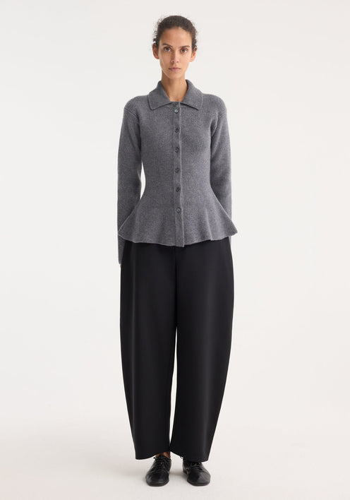 Waisted rib cardigan in dark grey melange, featuring a button-front, polo collar, and peplum hem, crafted from wool-cashmere blend for a fitted silhouette.
