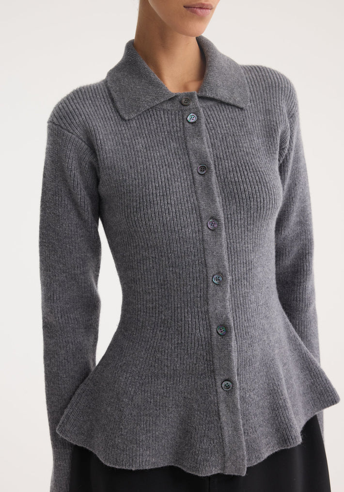 Waisted rib cardigan in dark grey melange, featuring a fitted silhouette with a peplum flare, polo collar, and button-down front, crafted from a wool-cashmere blend.