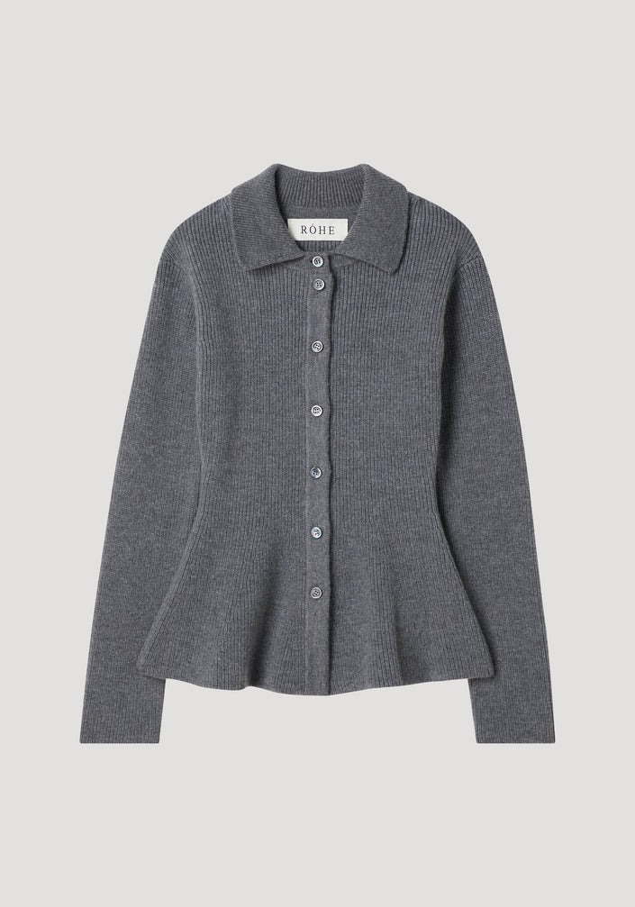 Waisted rib cardigan in dark grey melange, featuring a button-front, polo collar, and peplum hem, crafted from wool-cashmere blend for a fitted silhouette.