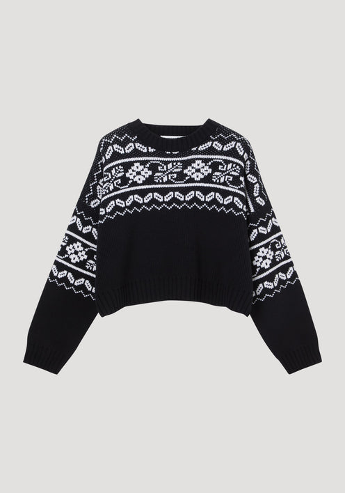 Fair-isle knitted jumper | black; cropped, long-sleeved pullover with Fair Isle pattern, crew neckline, ribbed cuffs, and hem. Boxy fit, 100% wool.