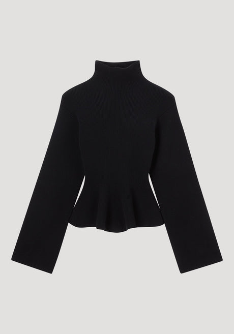 Sculptural knitted top with a mock-turtleneck collar, cinched waist, and peplum hem, featuring full-length sleeves. Crafted from a wool-cashmere blend.