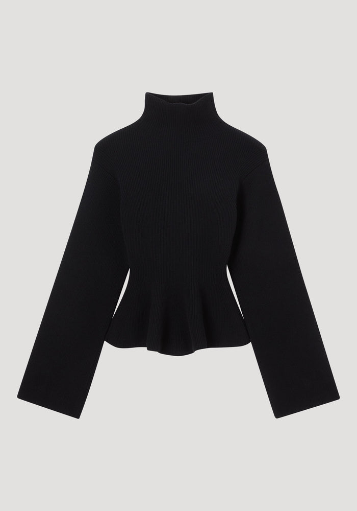 Sculptural knitted top with a mock-turtleneck collar, cinched waist, and peplum hem, featuring full-length sleeves. Crafted from a wool-cashmere blend.