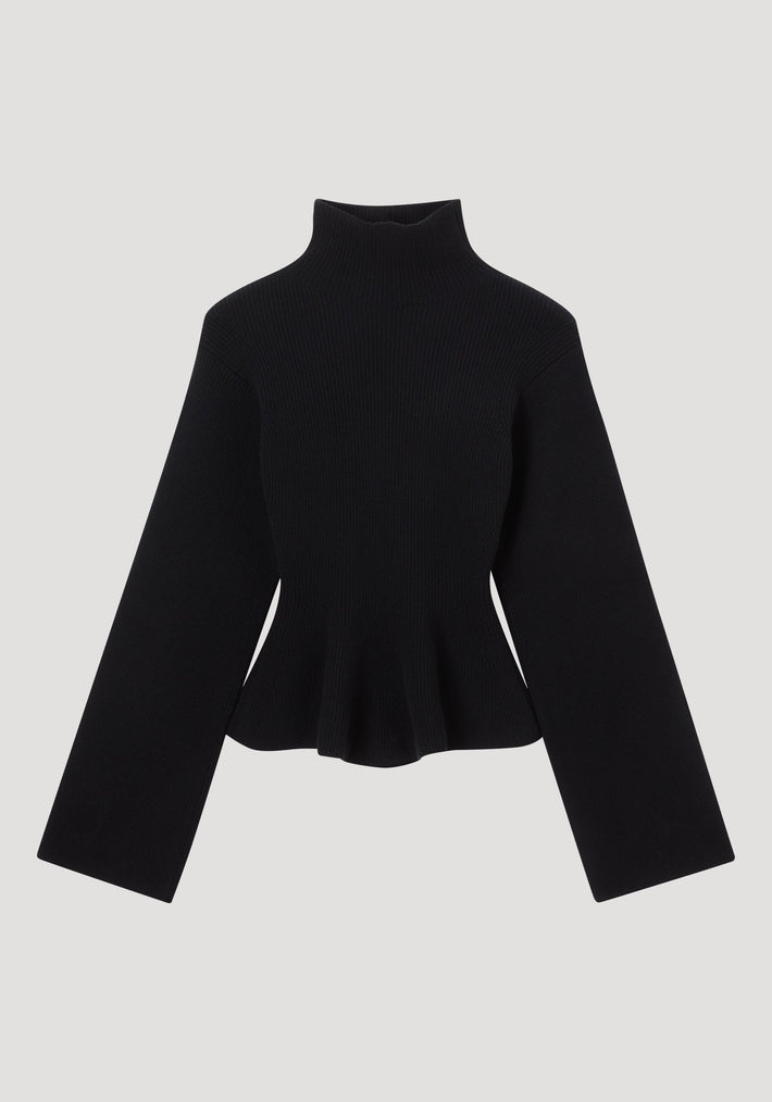 Sculptural knitted top with a mock-turtleneck collar, cinched waist, and peplum hem, featuring full-length sleeves. Crafted from a wool-cashmere blend.