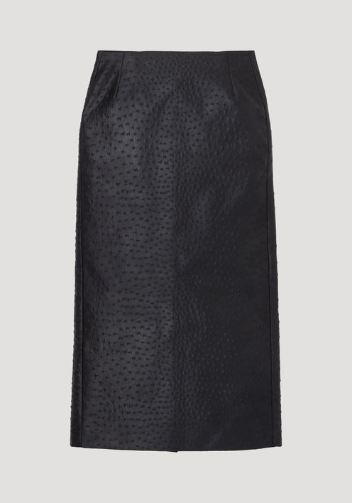 Ostrich satin column skirt | black, featuring a mid-calf length, straight tailored fit, and embossed ostrich-skin texture with waist dart seams for shaping.