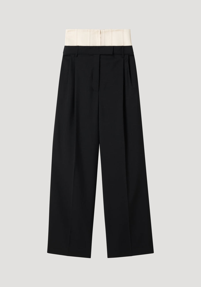 Corset trousers | black featuring high-waisted, wide-leg design with a structured white corset-style waistband and hook-eye closure, crafted from lightweight wool-mohair blend.
