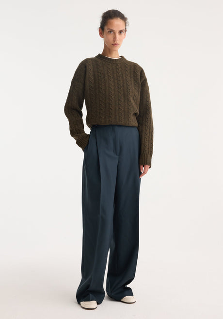Mid-waist tailored trousers | storm, featuring wide legs, a tailored waistband with belt loops, hidden closure, and double pleats for a refined, relaxed fit.