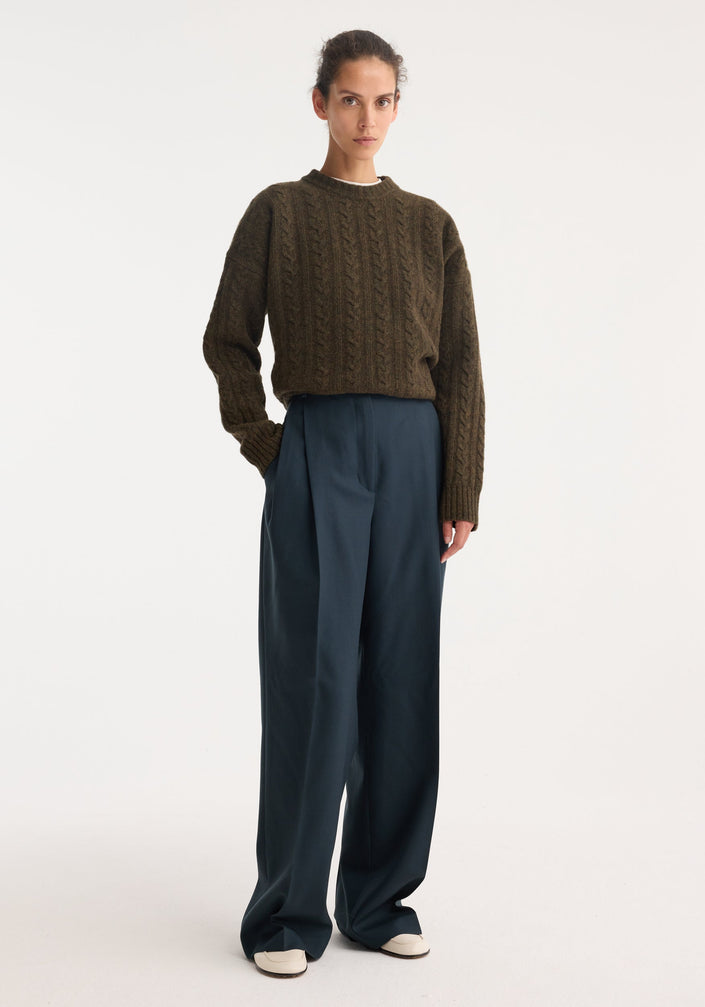Mid-waist tailored trousers | storm, featuring wide legs, a tailored waistband with belt loops, hidden closure, and double pleats for a refined, relaxed fit.