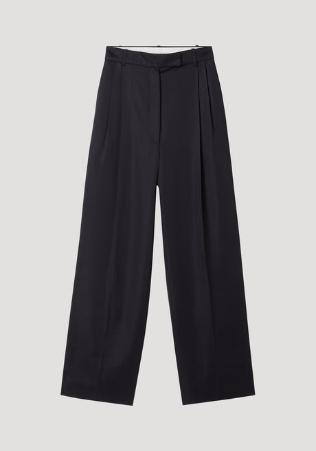 High-waist satin trousers with wide-leg design, featuring front and back pleats, tailored waistband, and welt back pockets for a polished, versatile look.