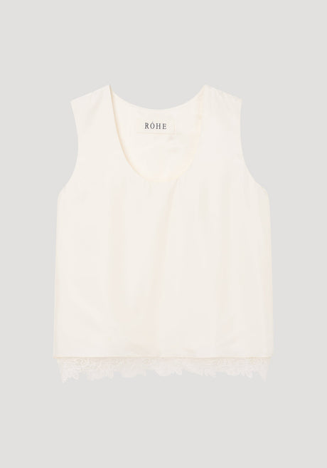 Lace-trimmed silk top | cream, featuring a scoop neckline, sleeveless design, and intricate lace hem detailing, crafted from luxurious pure silk for a comfortable fit.