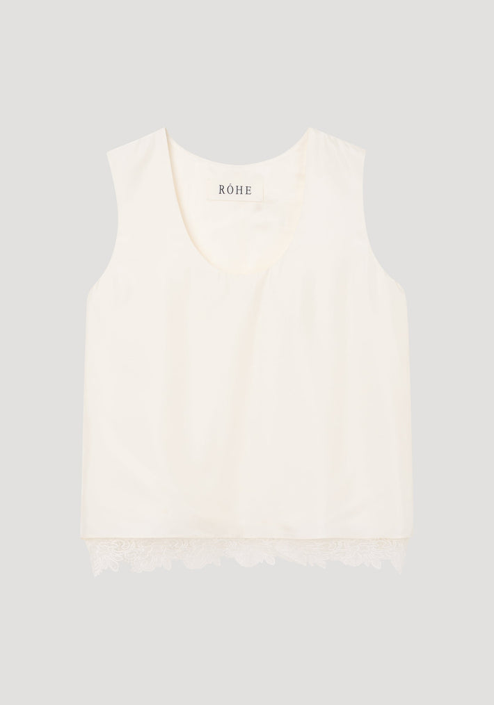 Lace-trimmed silk top | cream, featuring a scoop neckline, sleeveless design, and intricate lace hem detailing, crafted from luxurious pure silk for a comfortable fit.