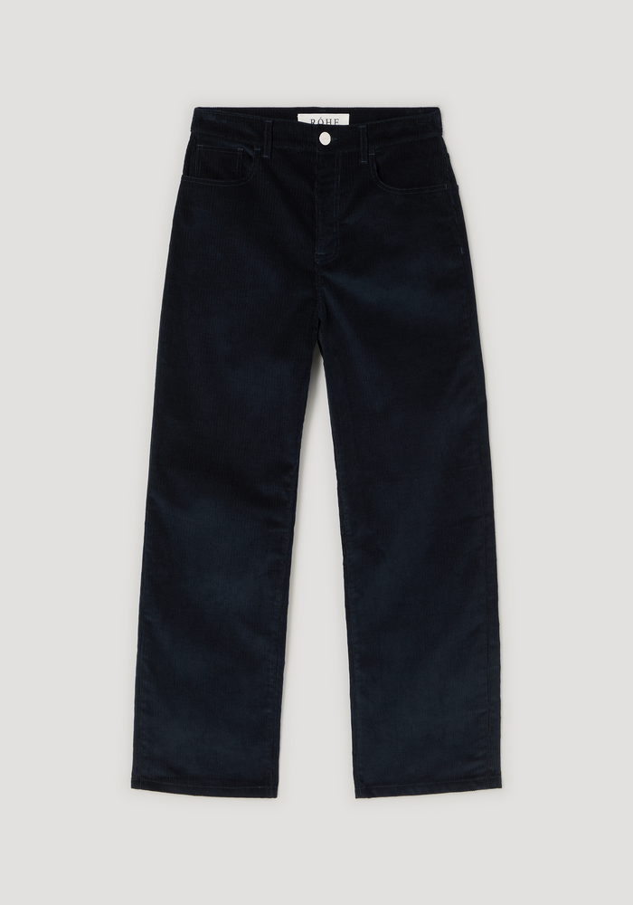Relaxed corduroy trousers | night: Straight-leg, low-rise navy corduroy pants with five-pocket design, belt loops, and front button/zip closure, crafted from 100% cotton.
