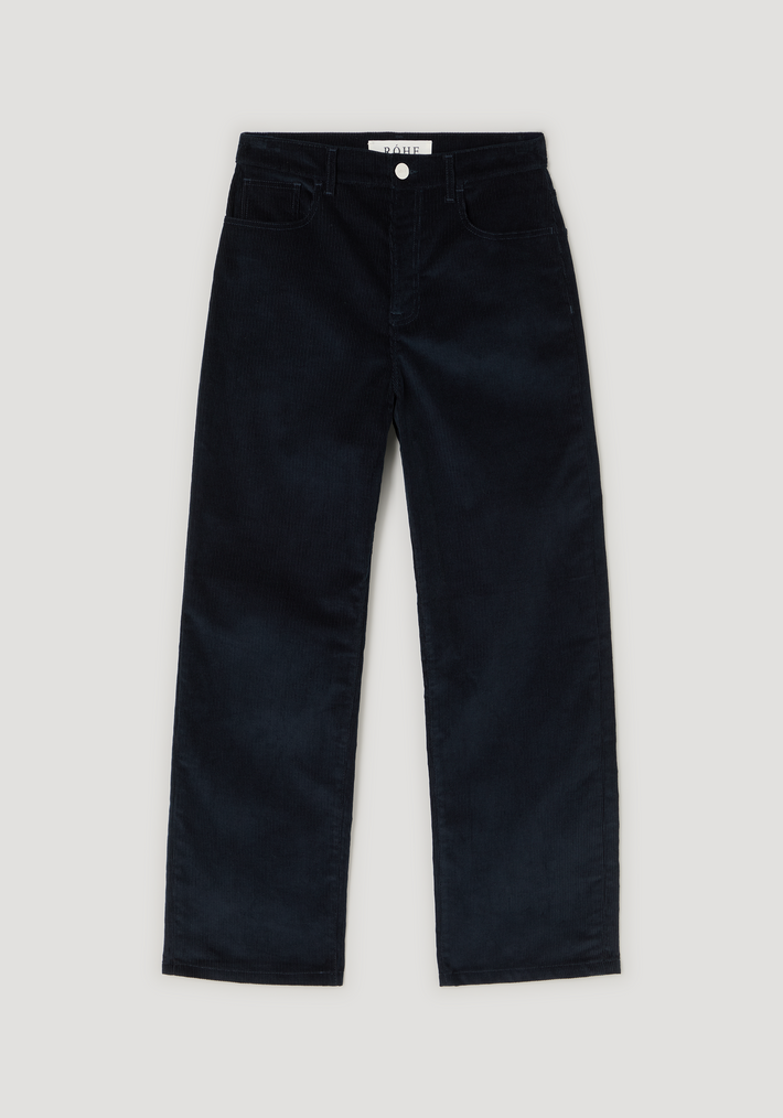 Relaxed corduroy trousers | night: Straight-leg, low-rise navy corduroy pants with five-pocket design, belt loops, and front button/zip closure, crafted from 100% cotton.