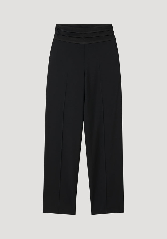 Satin cumberband trousers in black with high waist, layered waistband, and straight, wide-leg cut. Features shell-covered buttons and a concealed zip for a refined look.
