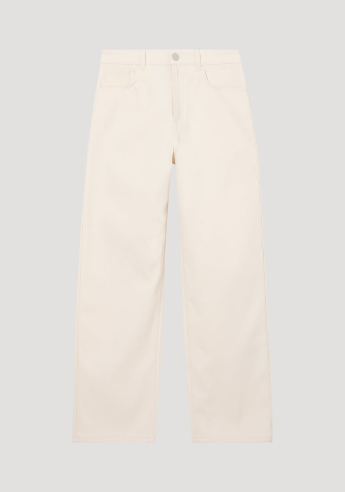 Compact cotton trousers in off-white, featuring a wide-leg, low-waist design. Includes button and zip closure, side pockets, and belt loops for a minimalist look.