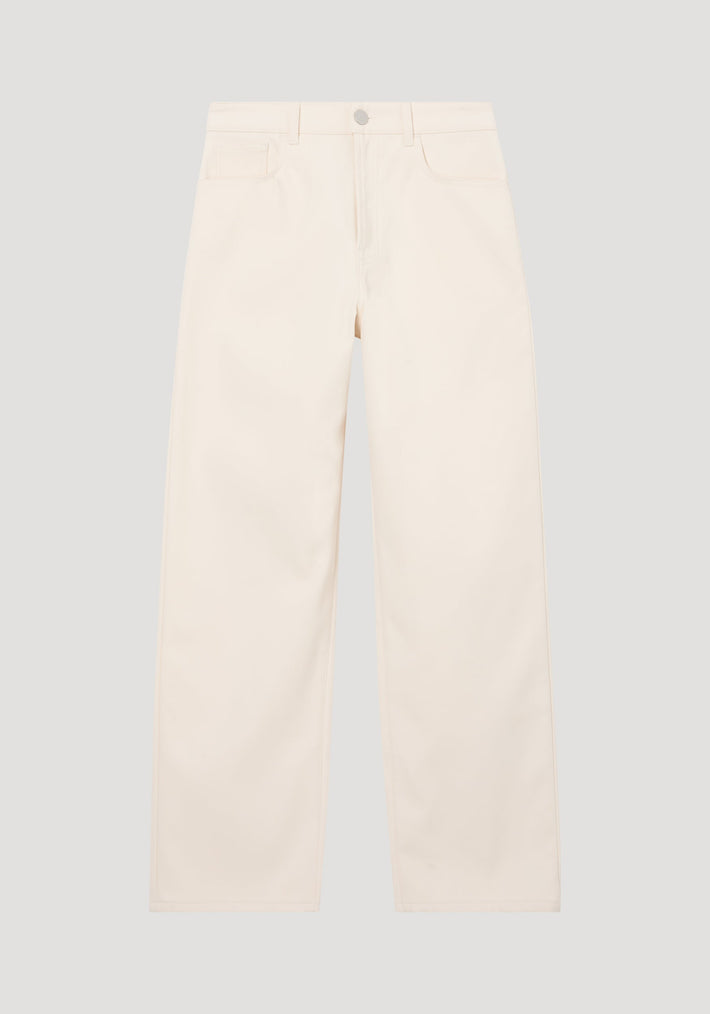 Compact cotton trousers in off-white, featuring a wide-leg, low-waist design. Includes button and zip closure, side pockets, and belt loops for a minimalist look.