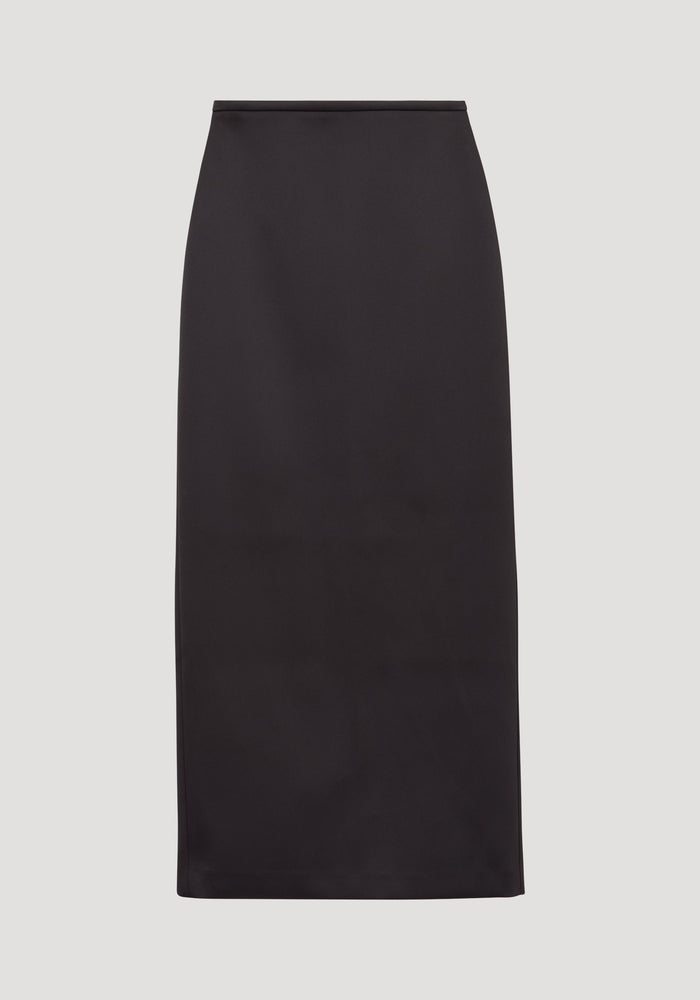 Column satin skirt | black: A high-waisted, midi-length pencil skirt with a sleek silhouette, crafted from heavyweight Italian viscose for a refined, structured look.