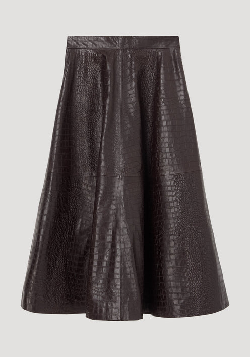 A-line croco skirt | mahogany: Dark brown, crocodile-embossed faux-leather, A-line midi skirt with fitted waistband, paneled construction, offering voluminous hem. Luxurious and versatile.