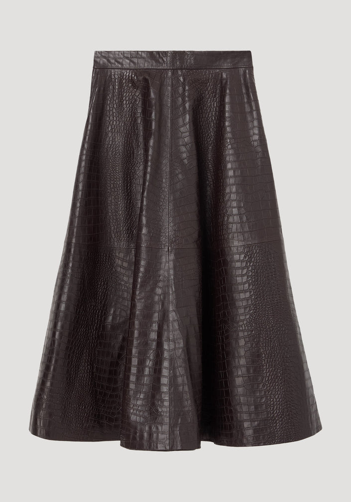 A-line croco skirt | mahogany: Dark brown, crocodile-embossed faux-leather, A-line midi skirt with fitted waistband, paneled construction, offering voluminous hem. Luxurious and versatile.