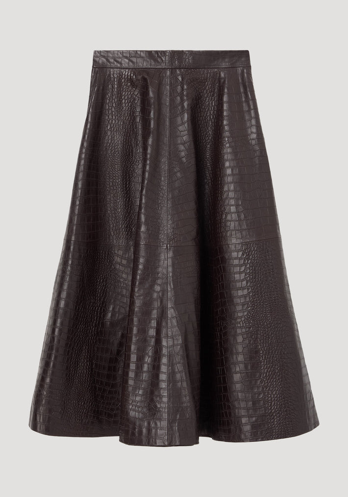A-line croco skirt | mahogany: Dark brown, crocodile-embossed faux-leather, A-line midi skirt with fitted waistband, paneled construction, offering voluminous hem. Luxurious and versatile.