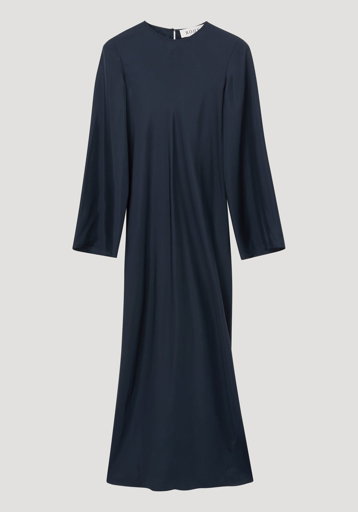 Signature silk dress | storm with wide, slightly flared sleeves, round neckline, ankle-length straight silhouette, crafted from 100% pure silk for a soft, flowing drape.
