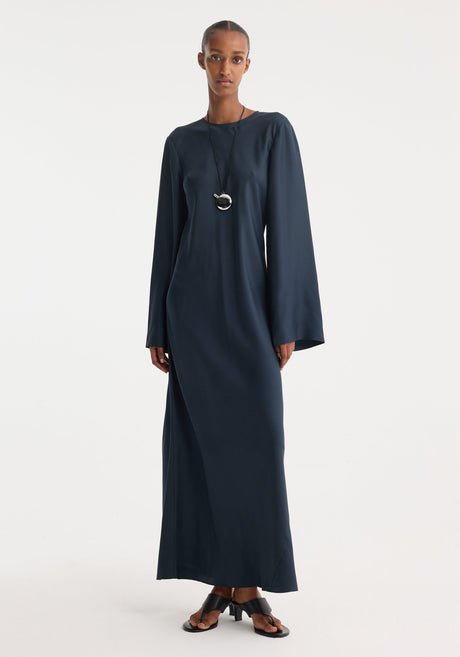 Signature silk dress | storm with wide, slightly flared sleeves, round neckline, ankle-length straight silhouette, crafted from 100% pure silk for a soft, flowing drape.