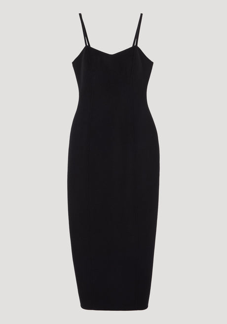 Sculptural double-faced dress | black: A form-fitting black midi dress with double spaghetti straps, sweetheart neckline, bustier top, and peplum waist, showcasing sophisticated elegance.