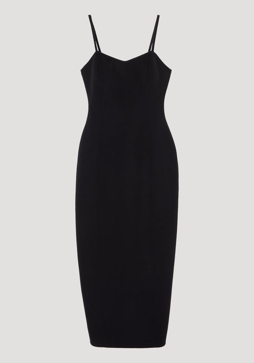 Sculptural double-faced dress | black: A form-fitting black midi dress with double spaghetti straps, sweetheart neckline, bustier top, and peplum waist, showcasing sophisticated elegance.