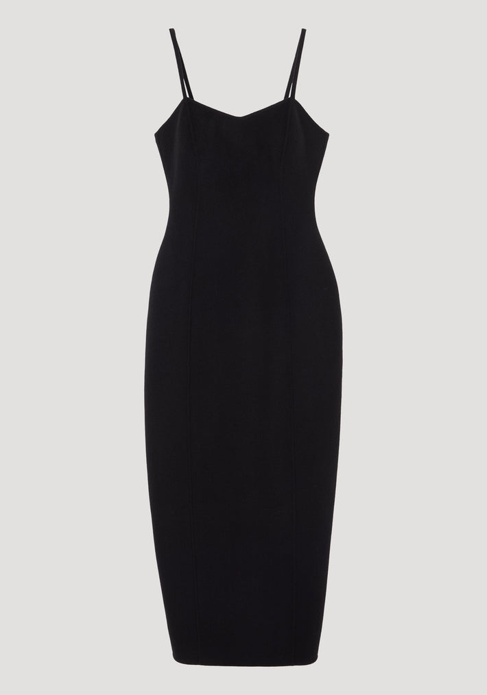 Sculptural double-faced dress | black: A form-fitting black midi dress with double spaghetti straps, sweetheart neckline, bustier top, and peplum waist, showcasing sophisticated elegance.