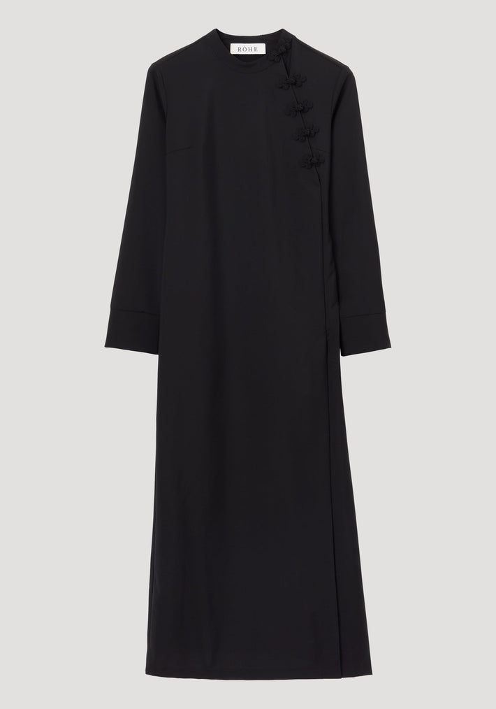 Mandarin dress | black: A floor-length, long-sleeved dress with asymmetrical pankou closures, high neckline, and side split, crafted from virgin wool and mohair blend.