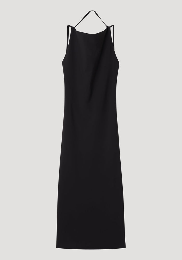 Open back dress | black: Floor-length slip dress with spaghetti straps, high neckline, open back, tie detail, and back slit for elegant movement.
