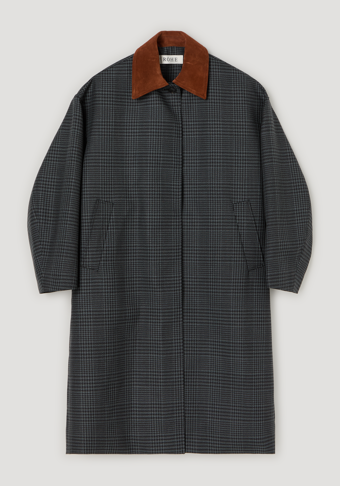 Suede collar check coat | black / grey check; an oversized, houndstooth-style wool coat with rust-brown suede collar, hidden button placket, and slant pockets.