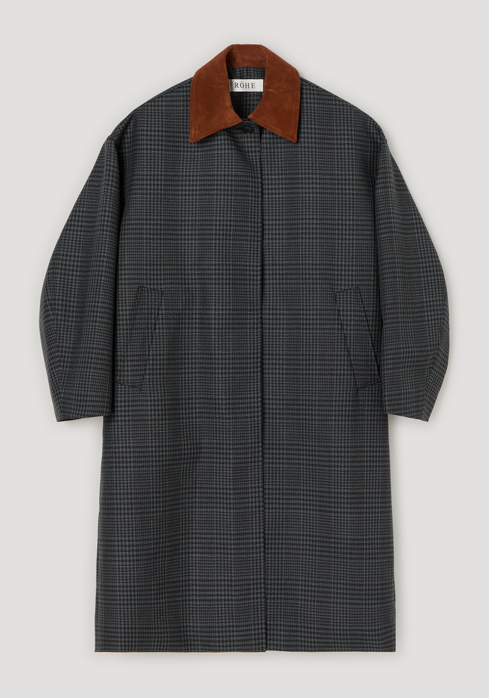 Suede collar check coat | black / grey check; an oversized, houndstooth-style wool coat with rust-brown suede collar, hidden button placket, and slant pockets.