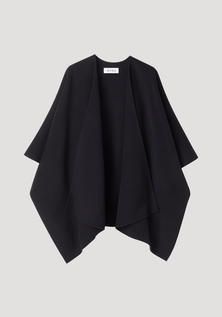 Draped scarf poncho | black: A waterfall-front, open poncho with wide arm openings, crafted from 100% soft wool, featuring a RÓHE label at the neckline.