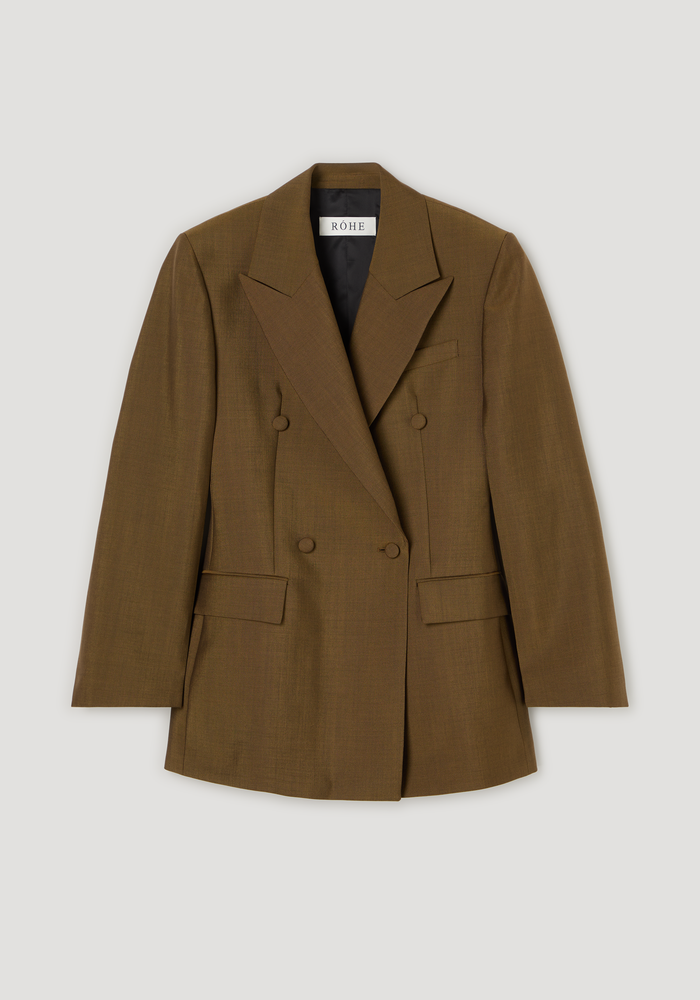 Hourglass blazer in olive-brown with sharp notch lapels, double-breasted front, and flap pockets; crafted from wool-mohair for a structured, feminine silhouette.