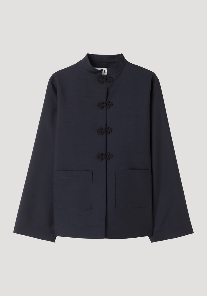 Pankou closure jacket | navy features a mandarin collar, frog closures, and patch pockets, crafted in a virgin wool-mohair blend for a minimalist, artisanal look.