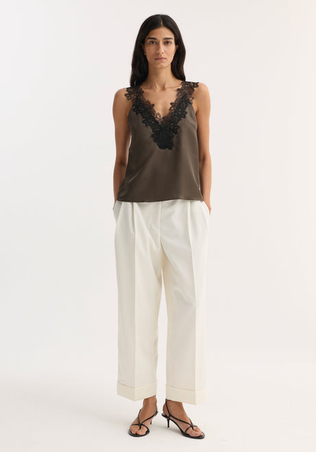 V-neck silk lace top | earth