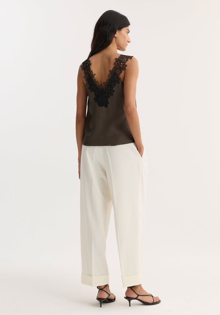 V-neck silk lace top | earth