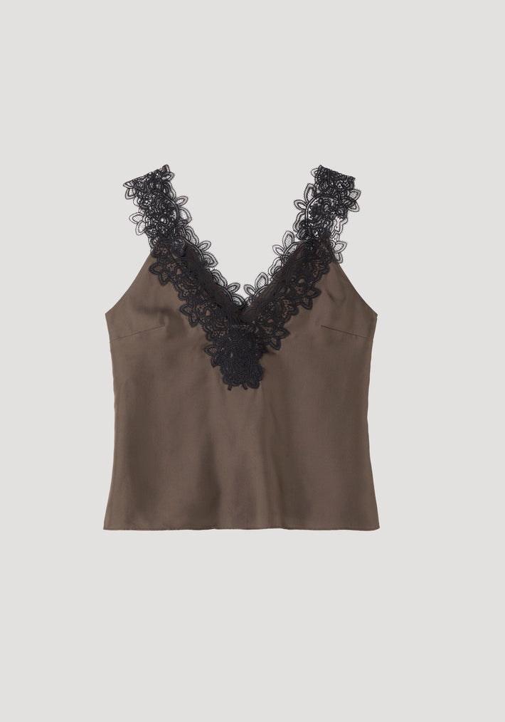 V-neck silk lace top | earth