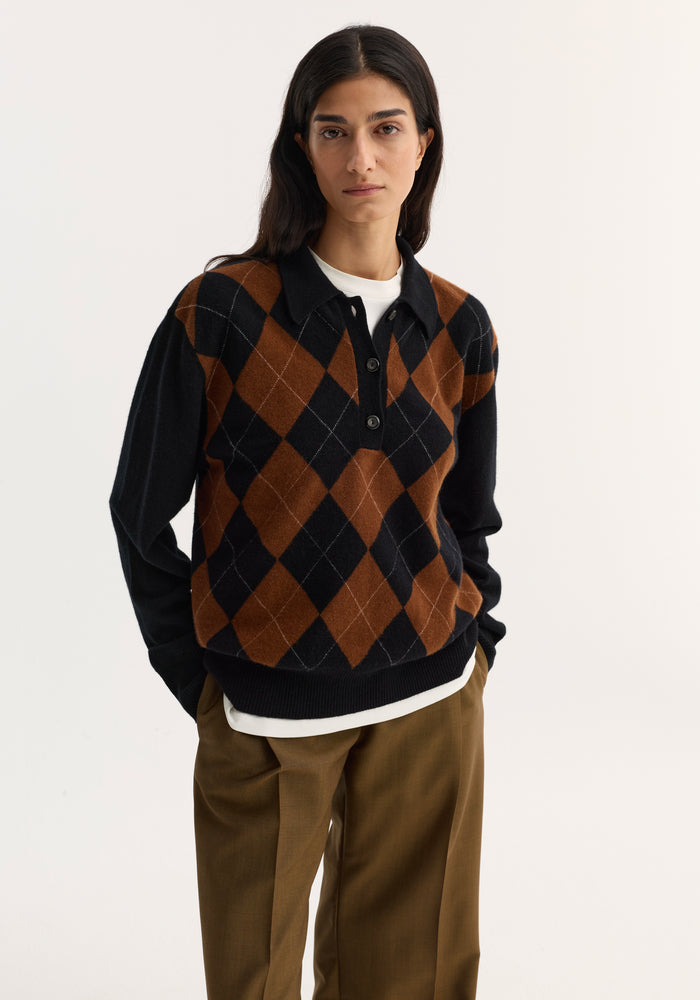 Compact knitted check polo | black rust check