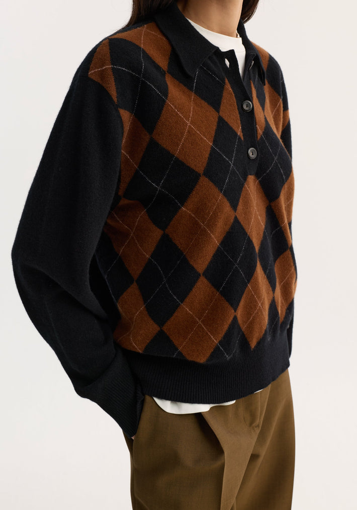 Compact knitted check polo | black rust check