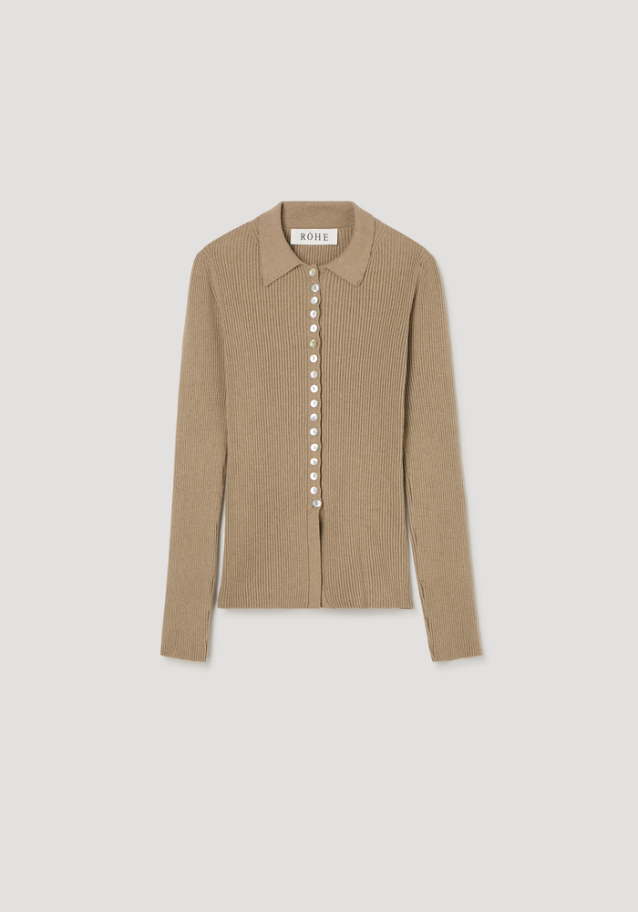 Elongated rib cardigan | taupe melange: Long-sleeve, rib-knit cardigan with a polo collar, mother-of-pearl buttons, and flared hem, crafted from cotton crepe and lycra.