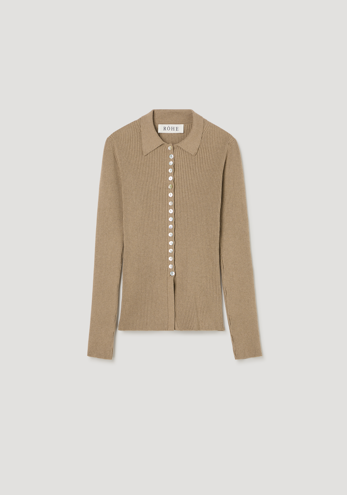 Elongated rib cardigan | taupe melange: Long-sleeve, rib-knit cardigan with a polo collar, mother-of-pearl buttons, and flared hem, crafted from cotton crepe and lycra.