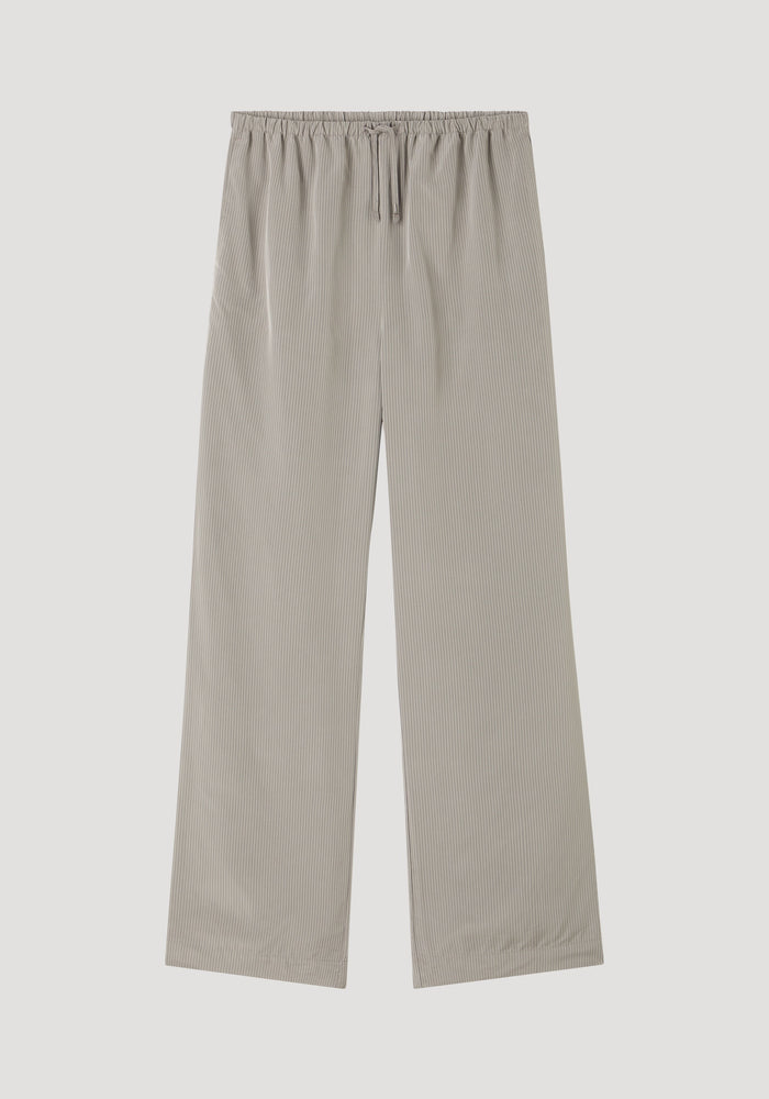 Relaxed fit trousers in light grey stripes featuring a wide-leg design, elastic drawstring waistband, and side seam pockets, crafted from soft viscose for everyday wear.