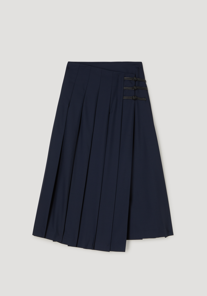 Pleated wool skirt with leather closures | navy