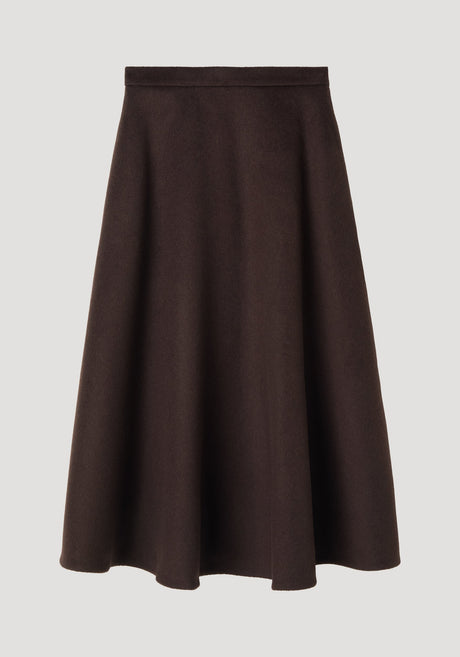 A-line skirt in dark brown, featuring a midi-length voluminous silhouette, side pockets, and seamless zipper closure, crafted from recycled wool blend.